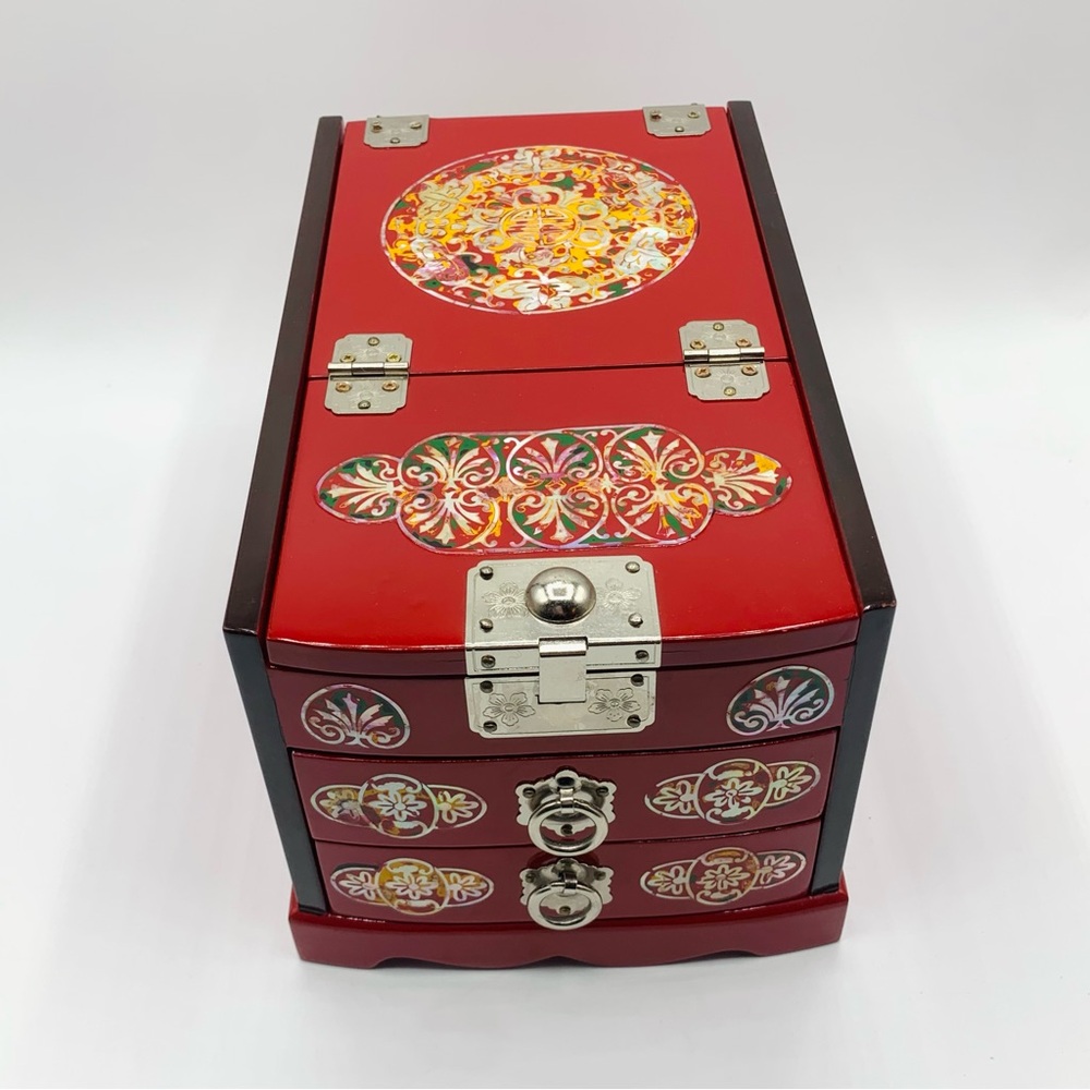Vtg Asian Red Lacquer Jewelry Chest w/ Mother-of-Pearl Inlay, 3 Drawers & Mirror